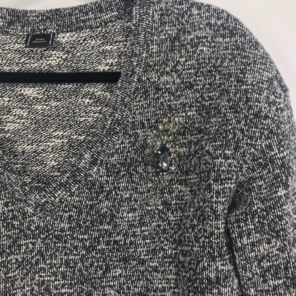 Zara W/B Collection Mixed Knit V-Neck Sweater with Brooch Black/White Size L - Picture 10 of 10